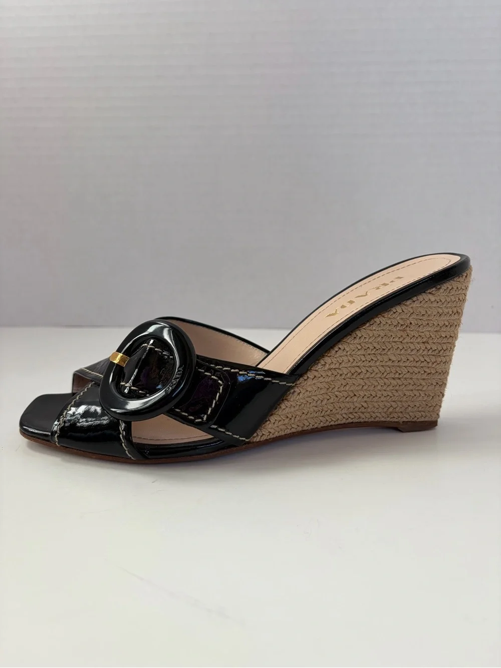 Prada Espadrille Wedge Sandals Vernice Buckle Patent Leather Black Size 38.5